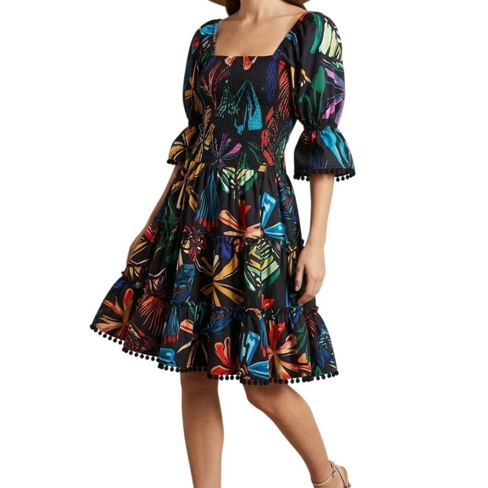 Kaimilan Women Size 4 Black Tropical Smocked‎ Aline Squareneck Mini Dress
